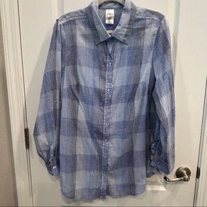 JMS Just My Size 1X Blue Blouse Stretch Button Up Roll Tab Texture